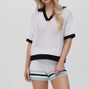 Women's White & Black Knit Shorts Skort with Mint Stripe